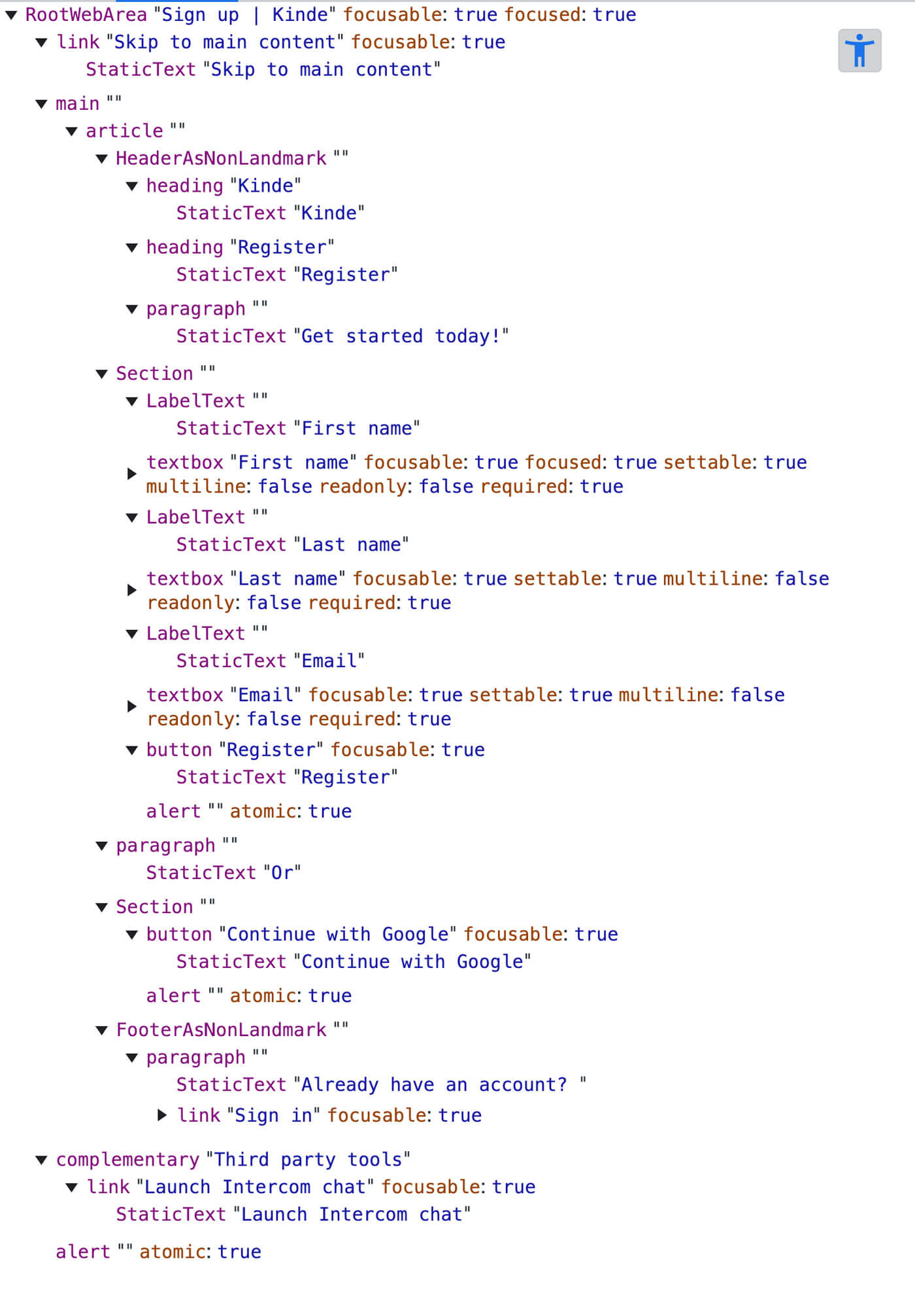 The accessibility tree in the Chrome browser for Kinde’s sign-up page