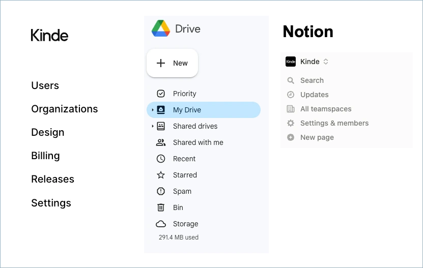 A composite example containing menu examples from Kinde, Google Drive and Notion