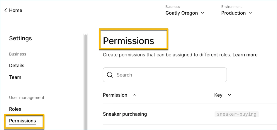 A screenshot of the Permissions screen in the Kinde dashboard