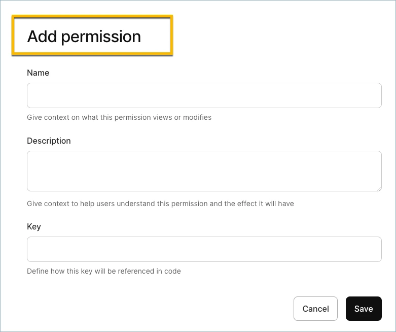 A screenshot of the Add permission dialog in the Kinde dashboard