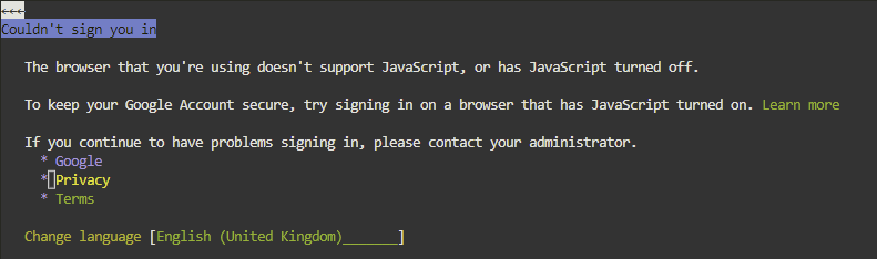 Screenshot showing Lynx alerting the user it couldn’t sign them in — no JavaScript allowed in the browser