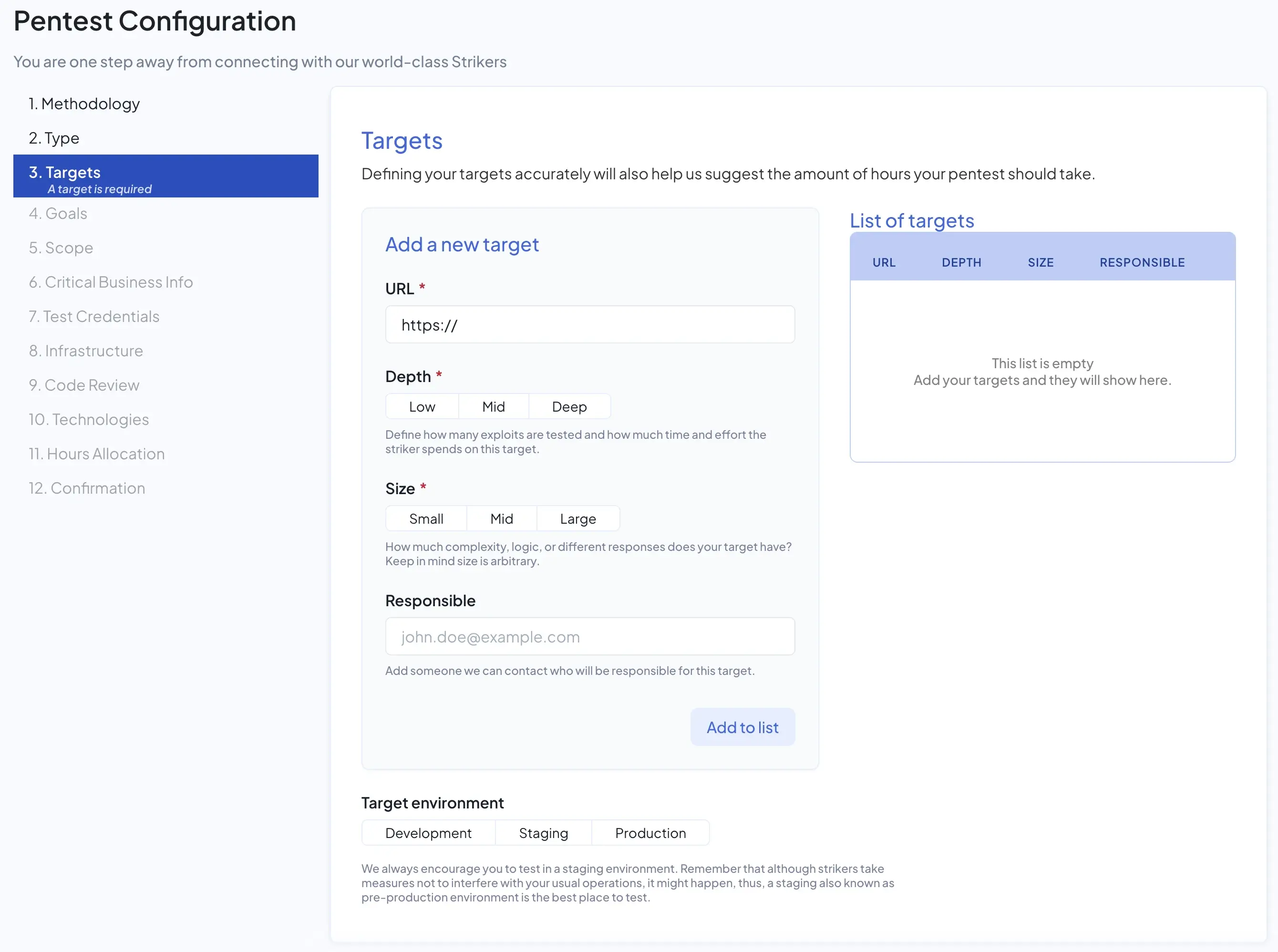 screenshot of the Pentest configuration dashboard