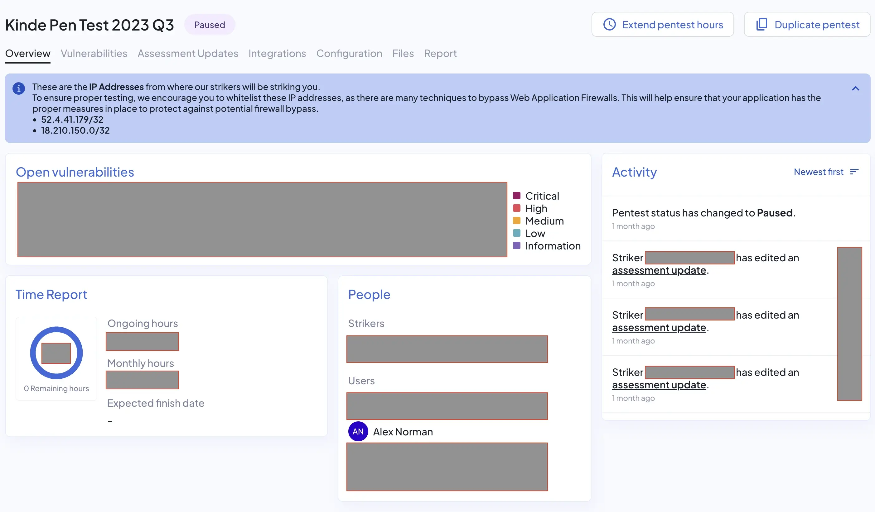 screenshot of the Kinde Pentest overview dashboard