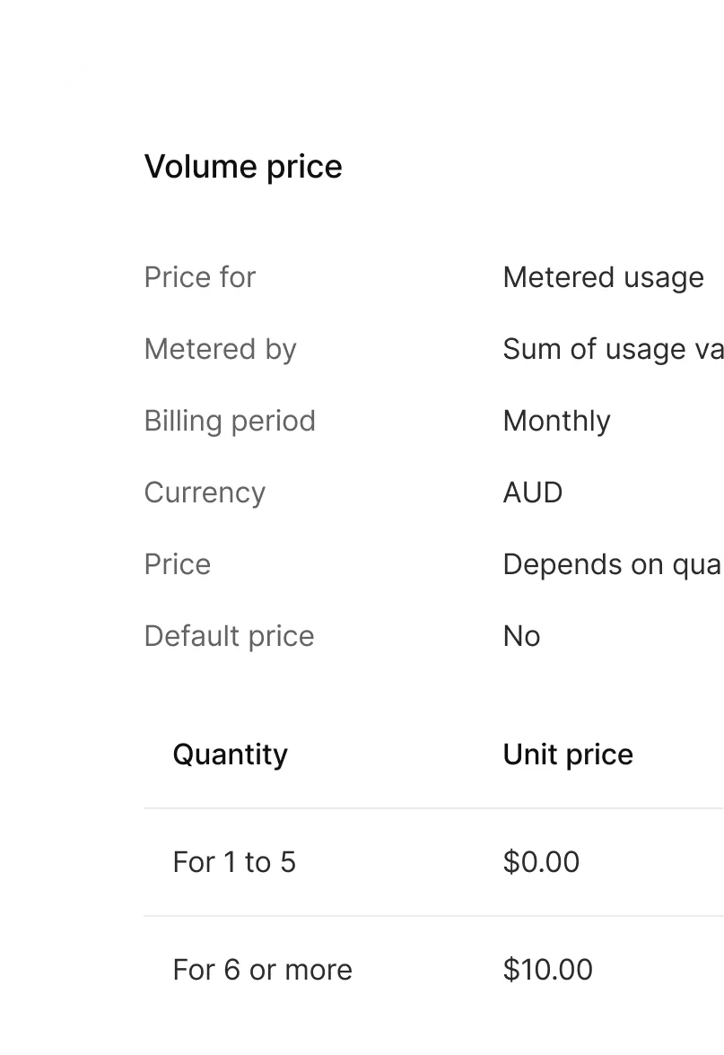 Example of the Kinde UI showing volume based pricing summary