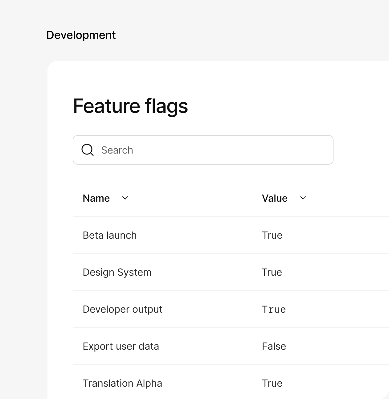 Example of the feature flags screen in the Kinde admin for the development environment.